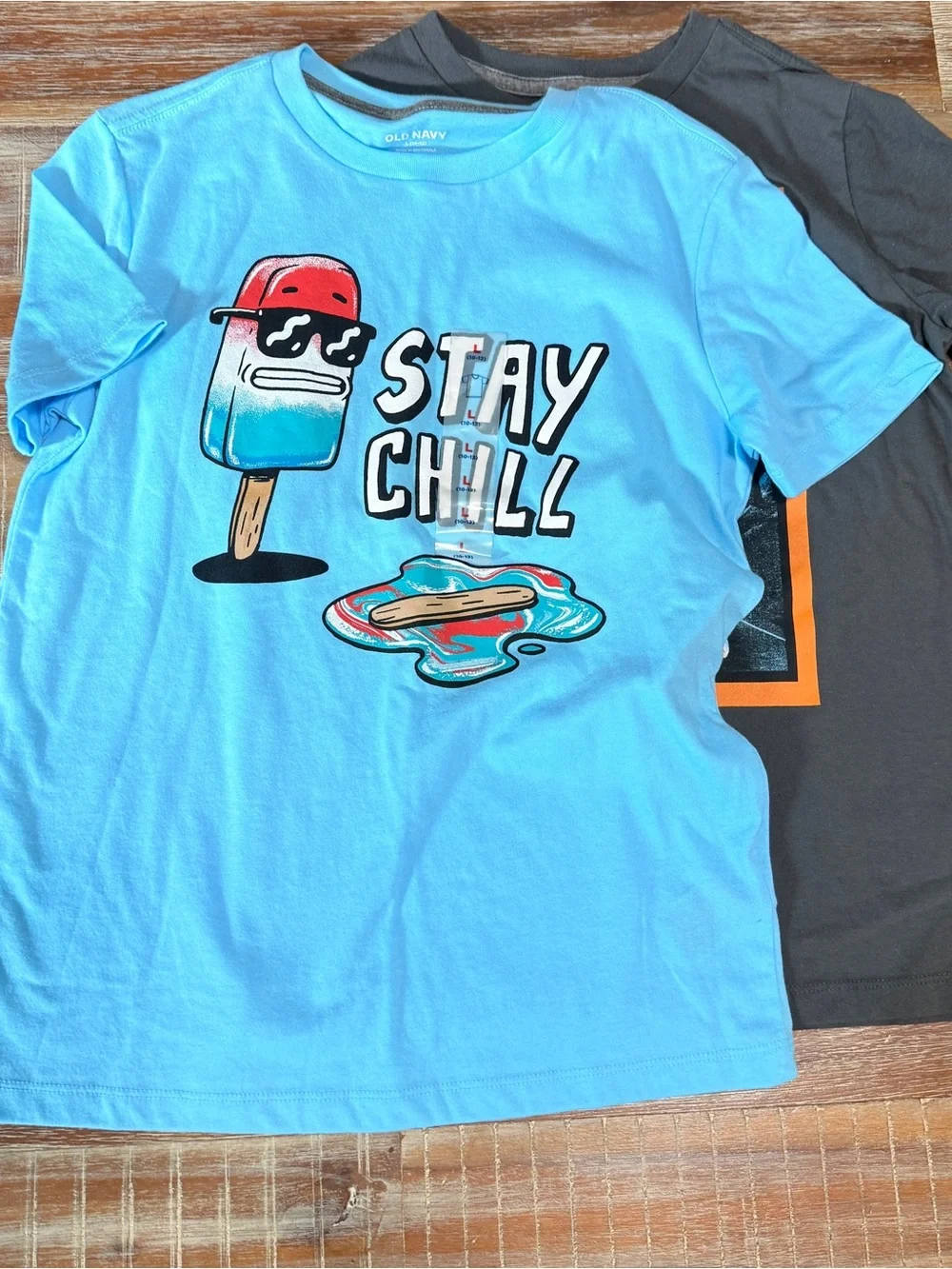 Old Navy Light Blue & Charcoal Graphic Tees - 'Stay Chill' & Van Print